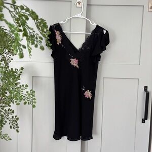 Black Vintage Oscar de la Renta slip Dress nightgown with Floral Embroidery